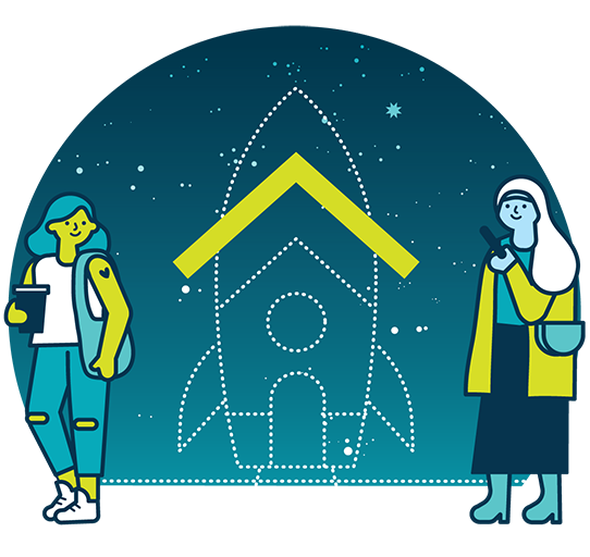 Illustration of 2 people standing next to a rocket.